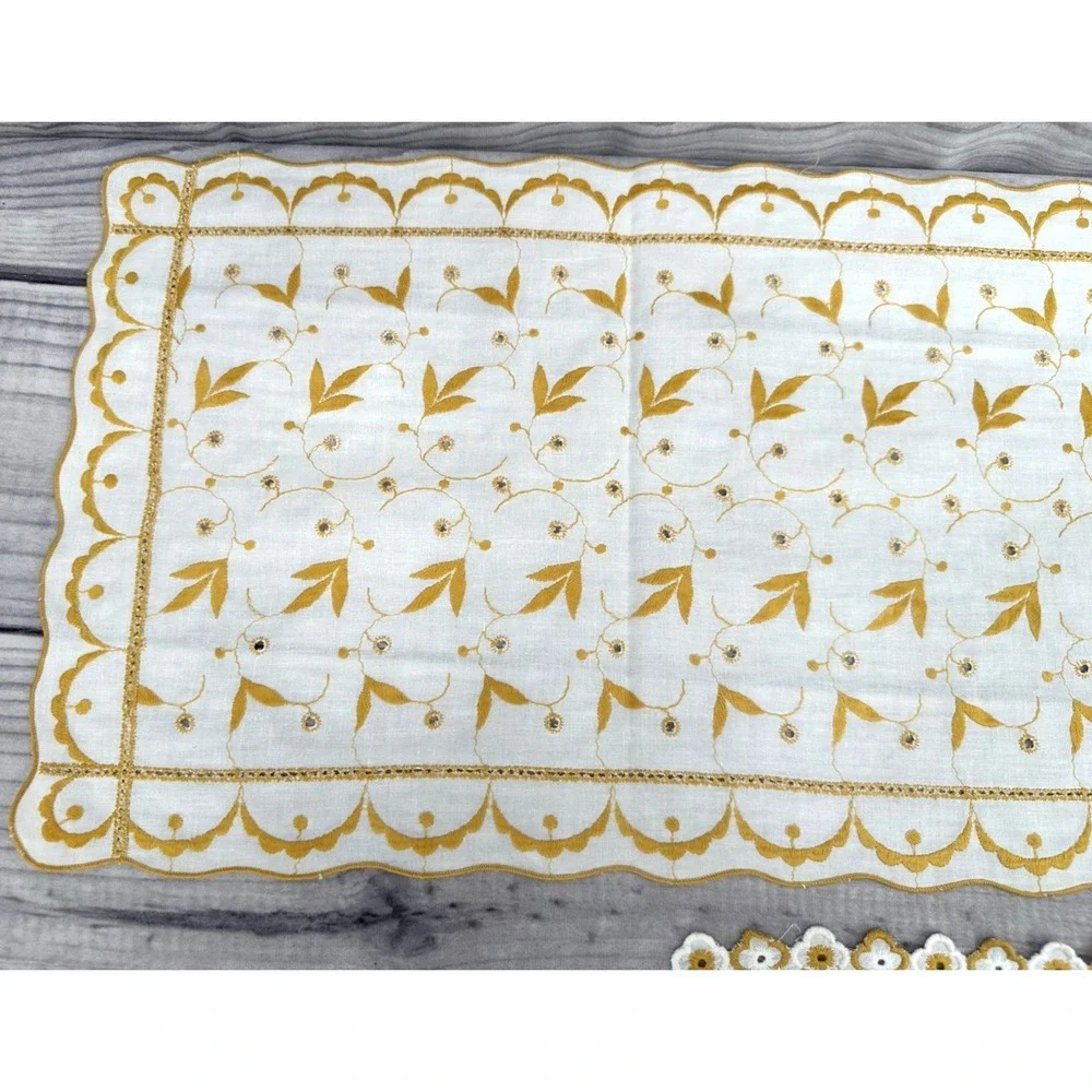 SET OF 2 VINTAGE EMBROIDERED EYELET TABLE / DRESSER SCARF - YELLOW GOLD‎    *15